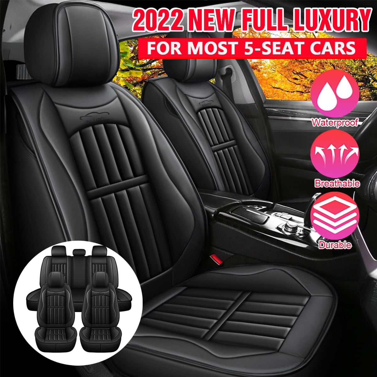 Universal Car Seat Covers – Full Set, Creamy Beige PU Leather – Fits Most US Cars