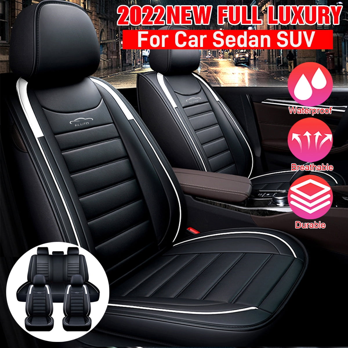 O2MAT Car Seat Covers,Waterproof Faux Leather Automotive Vehicle Cushion  Cover with Lumbar Pillow, Fit Most Cars SUV Pick-up Truck Universal for  Auto