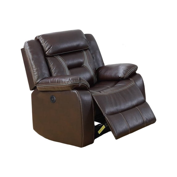 Benjara Elva 37 Inch Power Recliner with USB Charging Port, Brown Gel Faux Leather