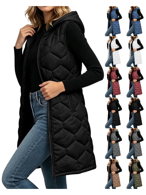 Puffer Vest for Women Long Hooded Sleeveless Winter Coats Quilted Warm Zip Up Padded Outerwear Fall Winter Outfits