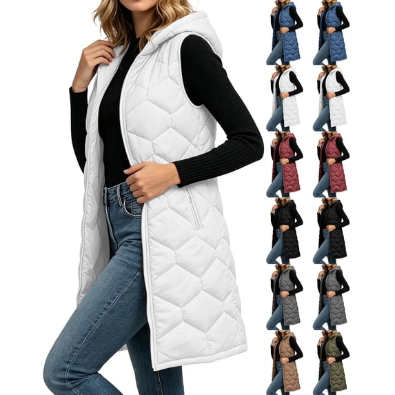 Elvdnee Women Long Vest Sleeveless Hood Winter Puffer Vest Outwear Solid Color,Pocket,Lightweight,Casual Long Puffer Vests