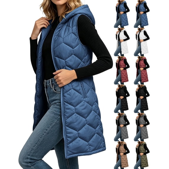 Elvdnee Women's Long Hooded Puffer Vest Sleeveless Stand Collar Down Vest Zip Up, Thick, Winter Coat, Warm Outerwear