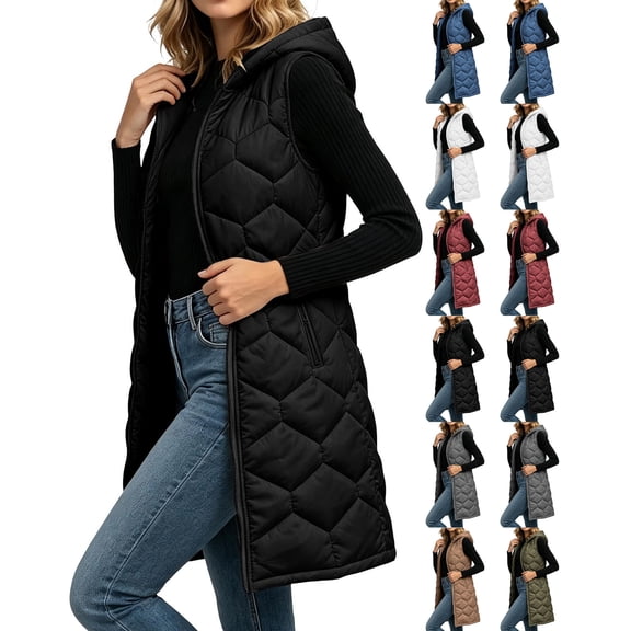 Elvdnee Womens Long Puffer Vest Hooded Sleeveless Winter Coats Quilted Warm Zip Up Padded Outerwear Fall Winter Outfits