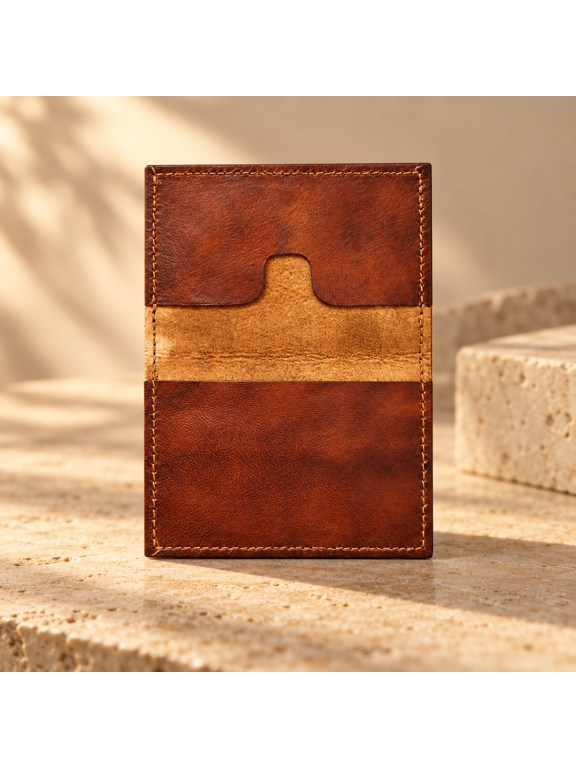Brown Leather Bifold Card Holder, 1 Card Pocket