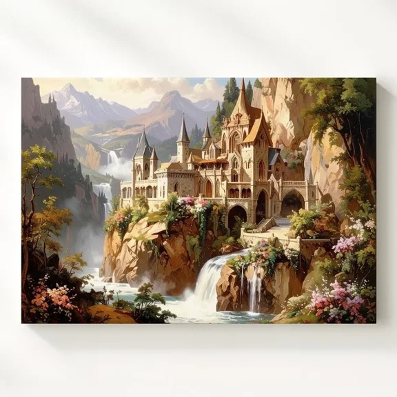 Elven Castle In Mist Postermajestic Fantasy Waterfall Landscape Wall Art Decor Art