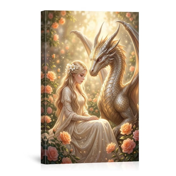 Elven Princess And Silver Dragon In Rose Garden Fantasy Mythical Home USA Made Canvas