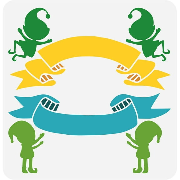 Elves with Banner Stencil for Painting 11.8x11.8inch Large Gnome Elf Painting Stencil Reusable Christmas Banners Drawing Template Daily Theme Stencil for Home Store Festival Party Decor for diy