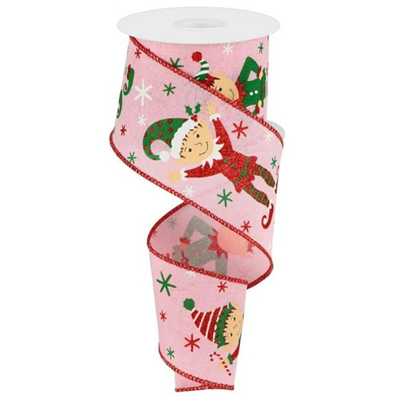 Elves on Canvas Wired Edge Ribbon - 10 Yards (Pink, Red, Green, 2.5 Inch)