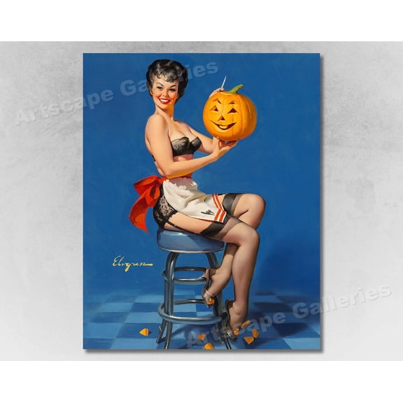 Elvgren 1960s Pin-Up Girl All Smiles Pumpkin Carving Halloween, Unframed Poster