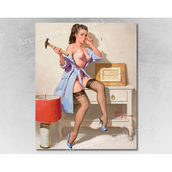 Elvgren 1967 Pin Up Girl The Wrong Nail Hammer, Unframed Poster