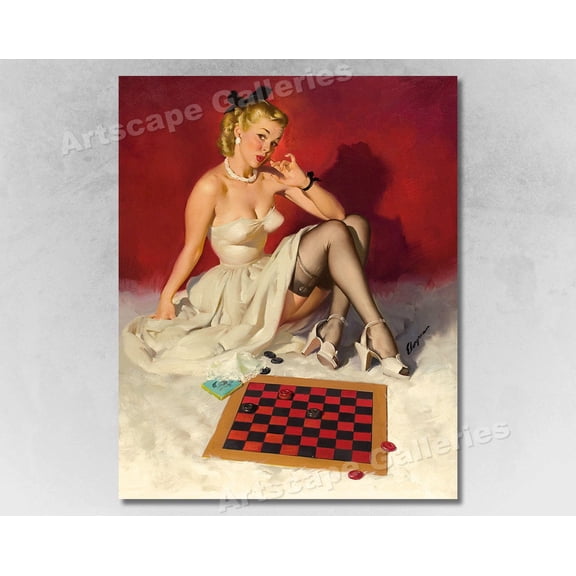 Elvgren Pin-Up Girl "Check and Double Check" Checker Game, Unframed Poster