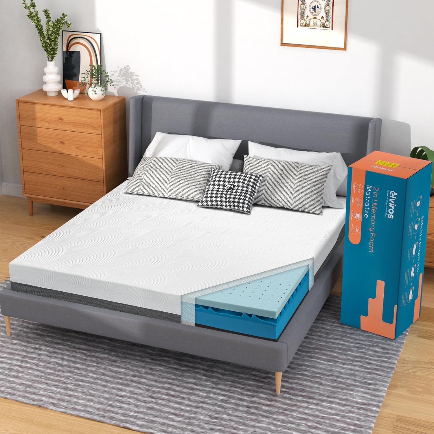 Elviros 10 Inch Gel Memory Foam Mattress Queen Size, Cooling Bed