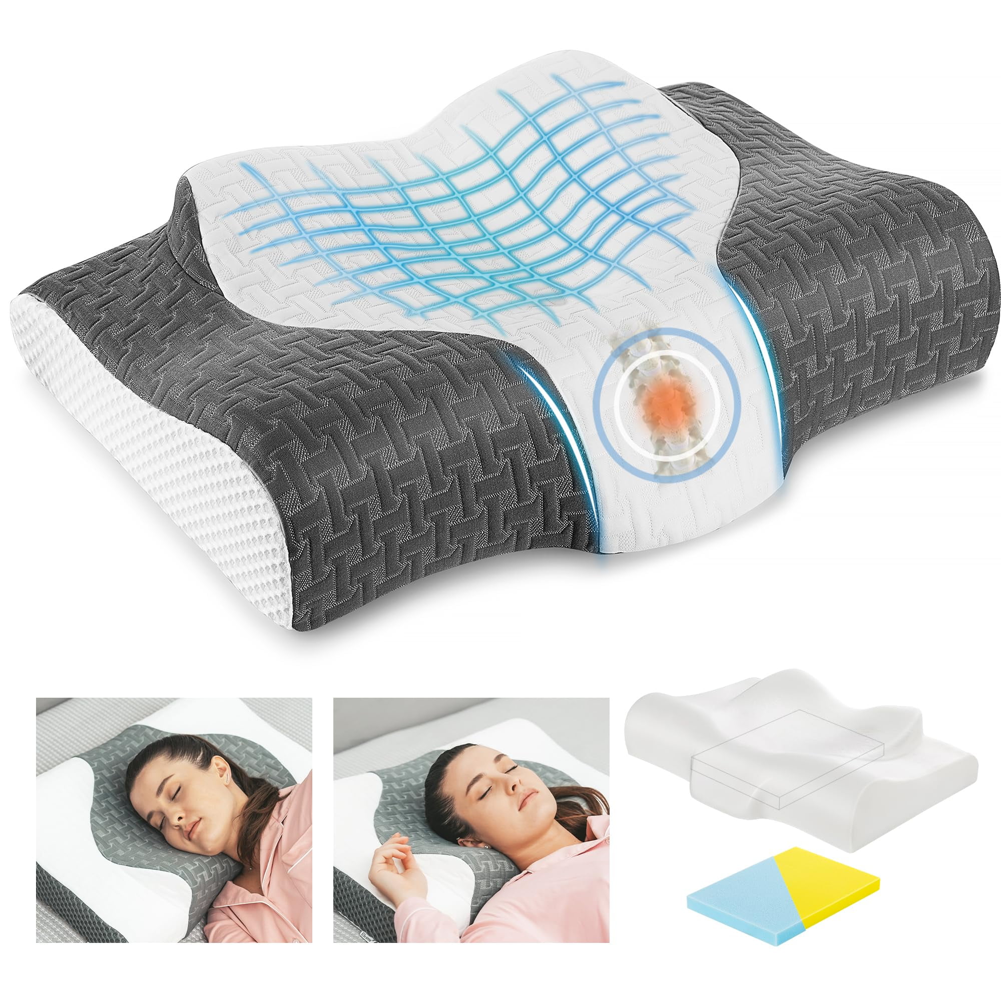 Elviros Adjustable Firmness Memory Foam Pillow, Neck Relief, Dark Gray