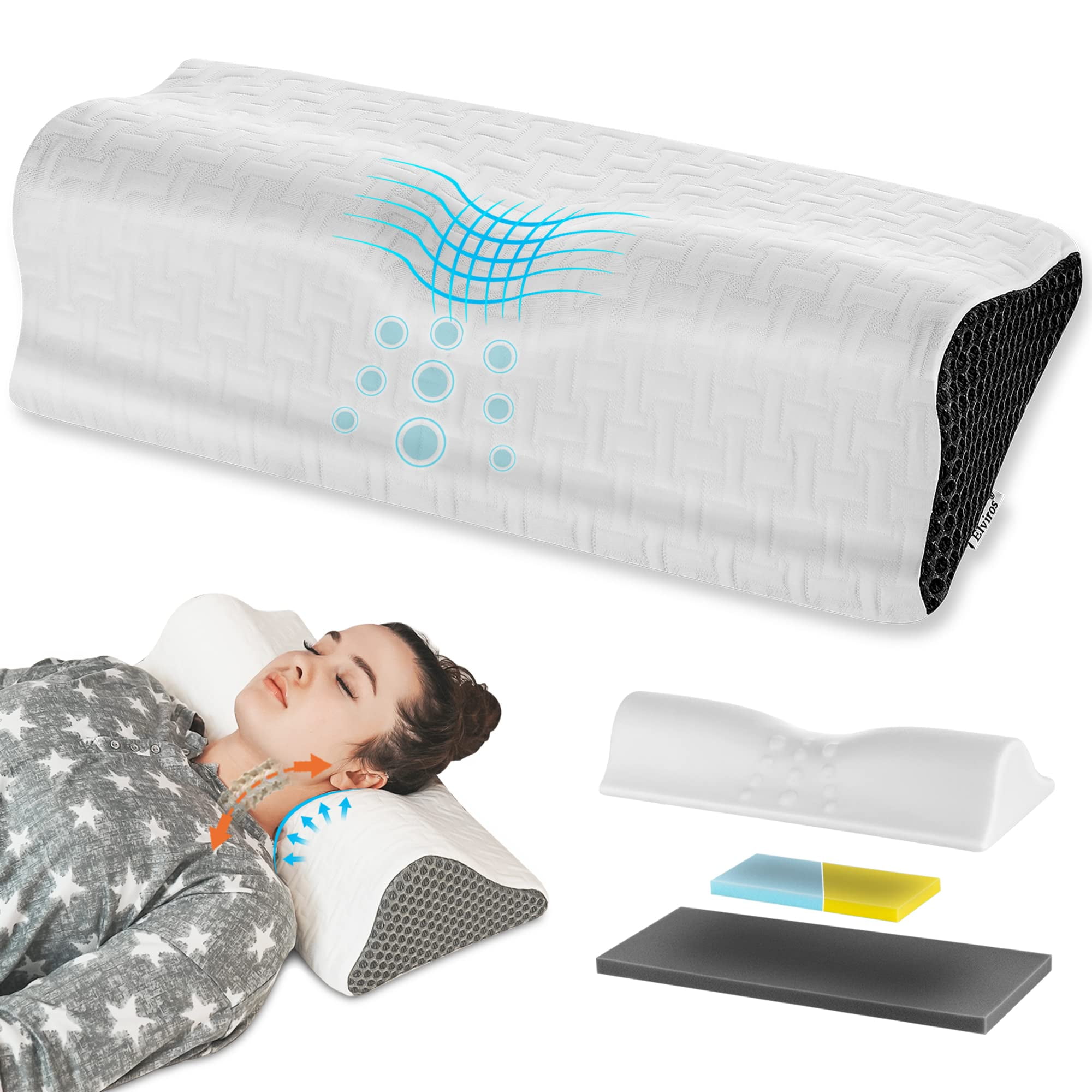 Elviros Cervical Neck Pillow, Adjustable Bolster Pillow, 2 in 1 Contour