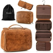 Elviros Toiletry Bag Hanging Travel Organizer for Men and Women, 3 in 1 Multifunctional Large Makeup Cosmetic Case Toiletries Accessories, Water-resistant PU Leather Bathroom Dopp Kit Shaving (Brown)