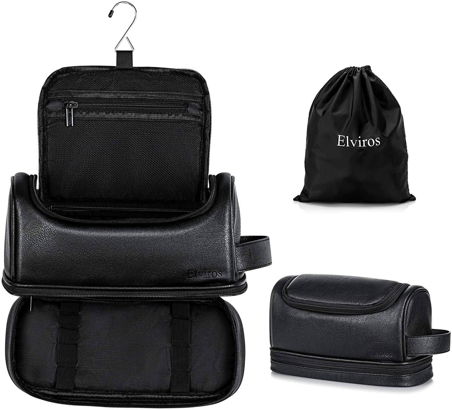 Elviros Toiletry Bag, Mens Leather Travel Organizer Kit with hanging hook, Large Waterresistant