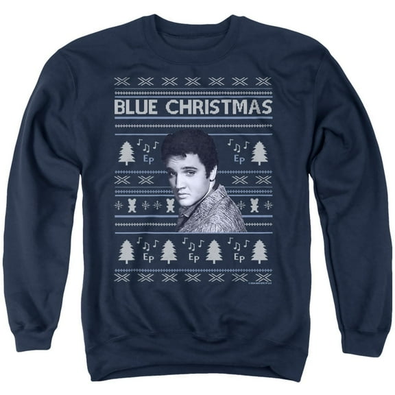 Elvis Blue Ugly Christmas Fair Isle Unisex Adult Crewneck Sweatshirt, Navy, X-Large