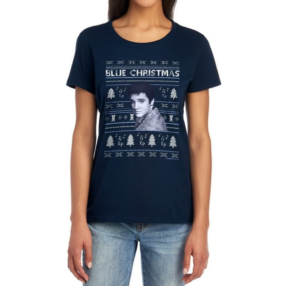 Elvis Blue Ugly Christmas Fair Isle Women's T Shirt, Navy, X-Large