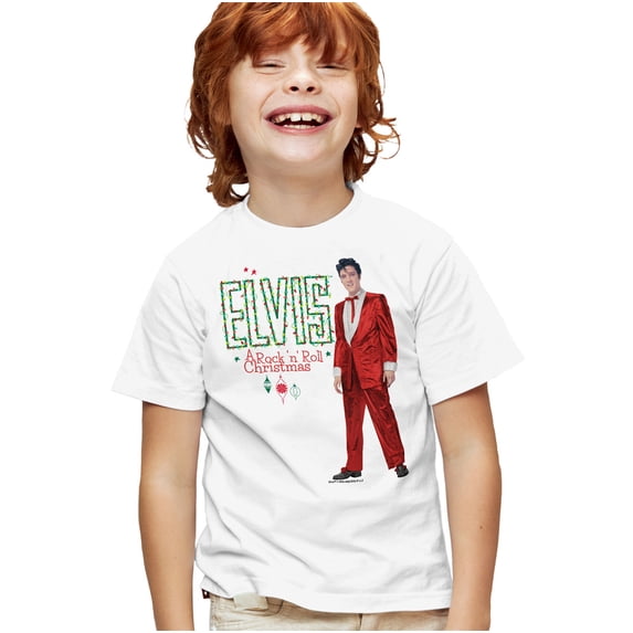 Elvis Holiday Lights Kids T Shirt for Youth Boys and Girls, White, Large