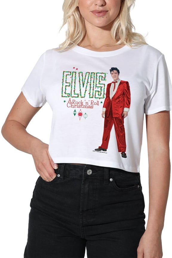 Elvis Holiday Lights Women's Crop Top T-Shirt, White, Medium