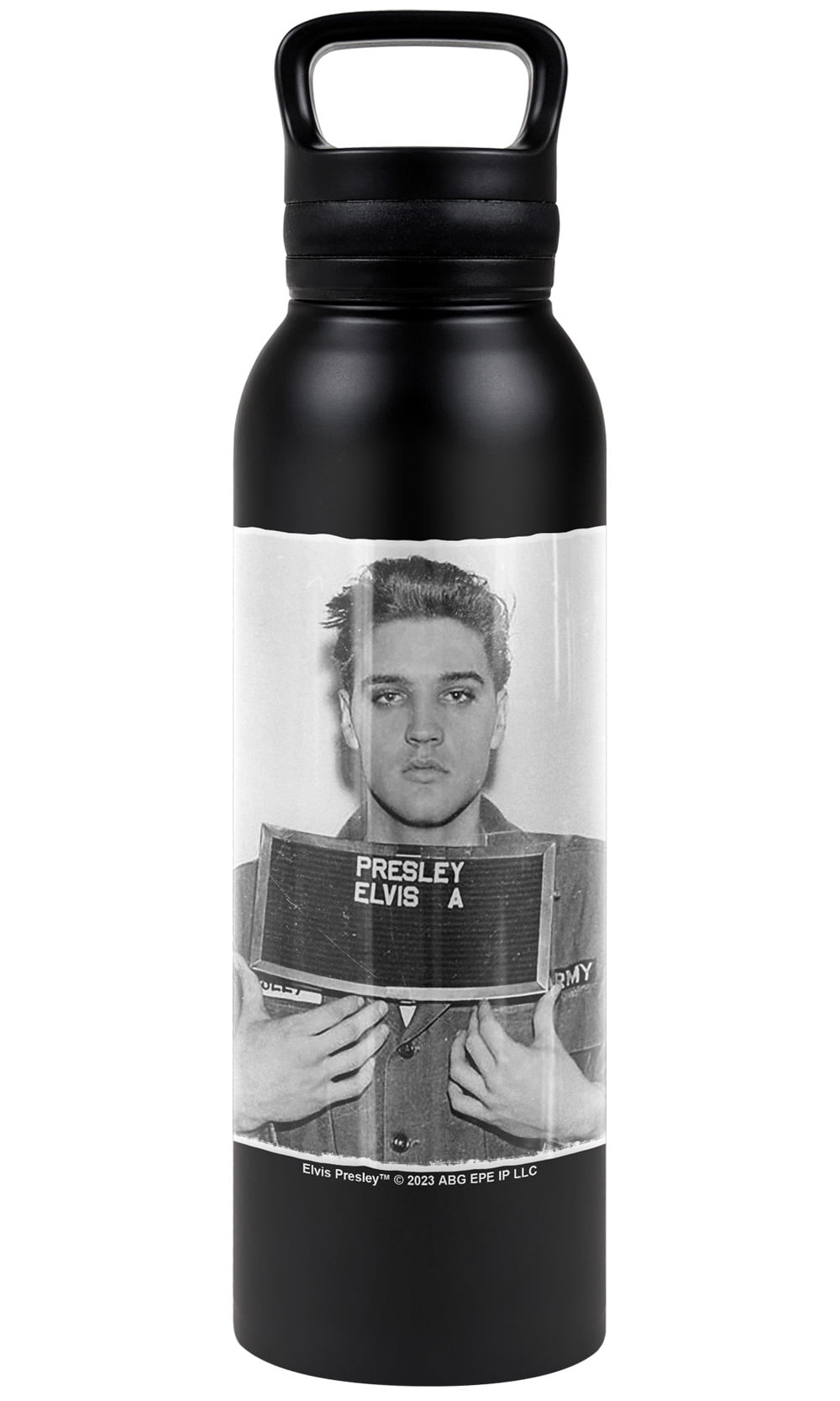 Elvis Official Army Mug Shot 24 oz Insulated Canteen Water Bottle, Leak Resistant, Vacuum Insulated Stainless Steel with Loop Cap, Black