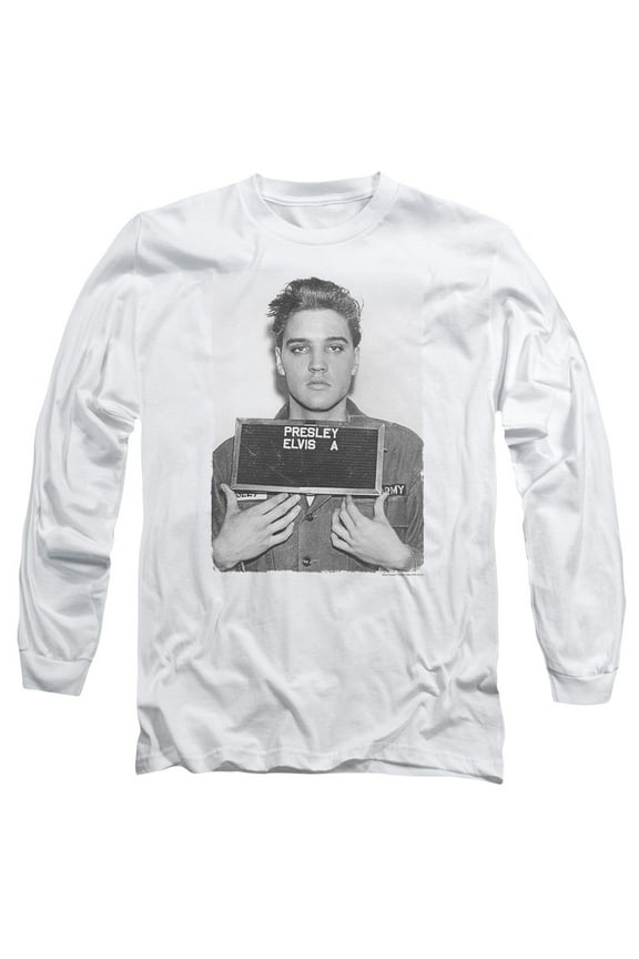 Elvis Presley Army Mug Shot Long Sleeve Adult 18/1 T-ShirtWhite