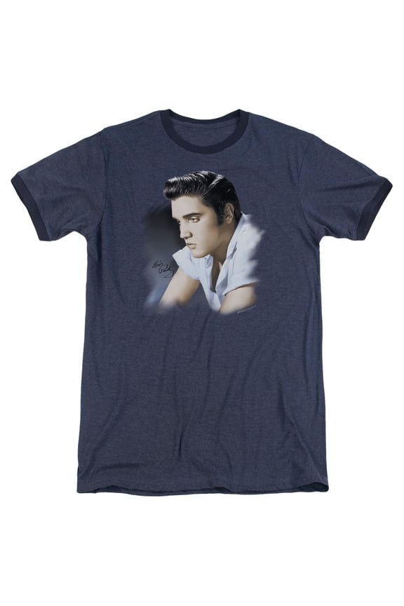 Elvis Presley Blue Profile Adult Heather Ringer T-Shirt Navy
