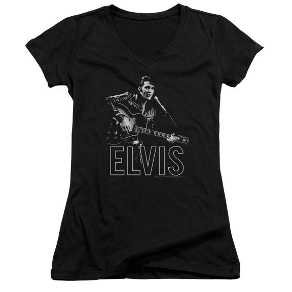 Elvis Presley Guitar In Hand Junior Women's V-Neck T-Shirt Black