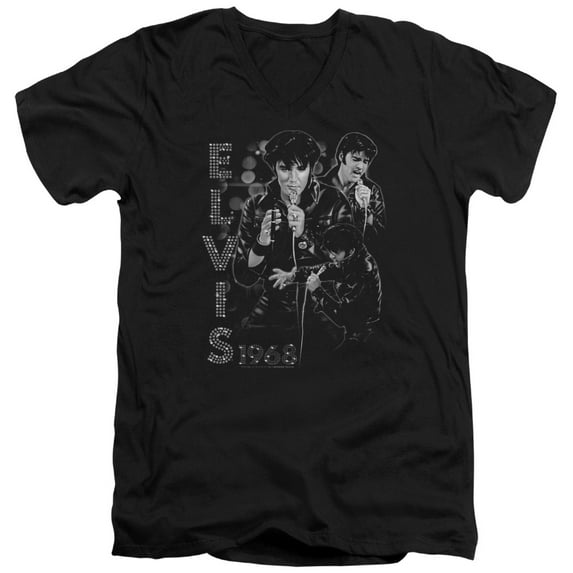 Elvis Presley Leathered Adult V-Neck T-Shirt Black
