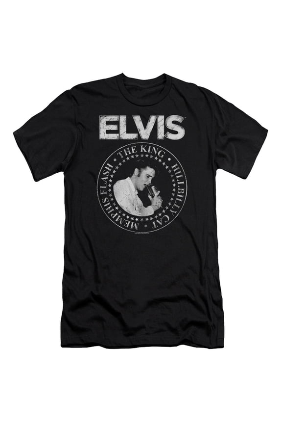 ELV868-SF-3 Elvis Presley Rock King Short Sleeve Adult 30-1 Mens Slim Fit T-Shirt, Black - Large