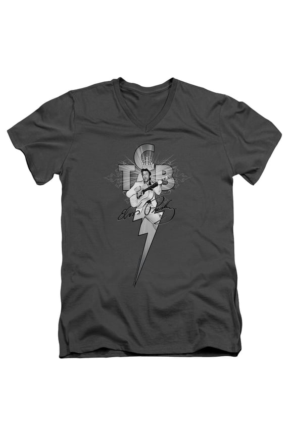 Elvis Presley Tcb Ornate S/S Adult V-Neck T-Shirt Charcoal
