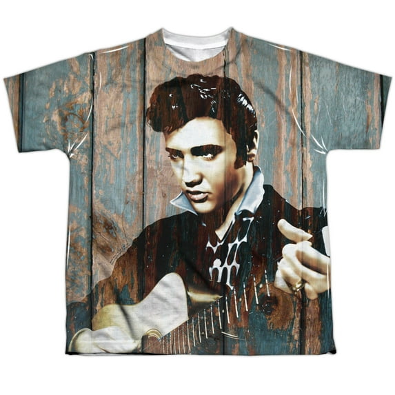 Elvis Presley Woodgrain Youth Sublimated Crew T-Shirt White