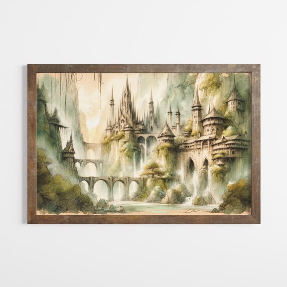 Elvish River Valley Fantasy Ink Illustration High Fantasy Power Rings Wall Art