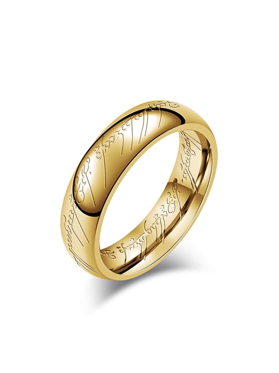 Elvish Script Engraved Dome Band Ring For Men Women 14K Gold Filled Polished Timeless Jewelry
