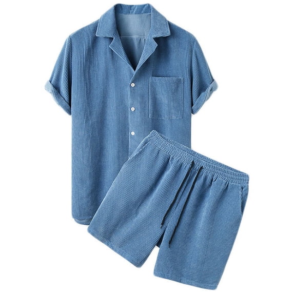 Elvqul 2 Piece Set for Men Short Sleeve Outfits Pockets Button Up Solid Mens T Shirt and Shorts Athletic