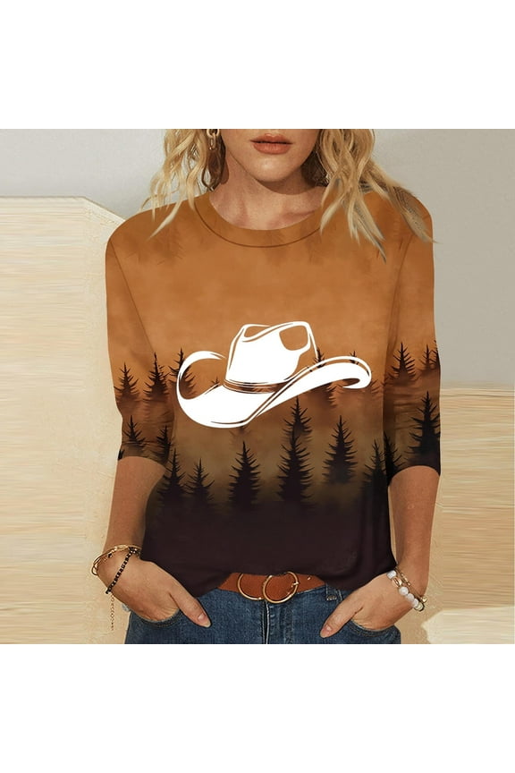 3/4 Sleeve Blouses Women Print Holiday Tops Crew Neck Brown Pullover Plus Size Tshirts Western Cowboy Blouses