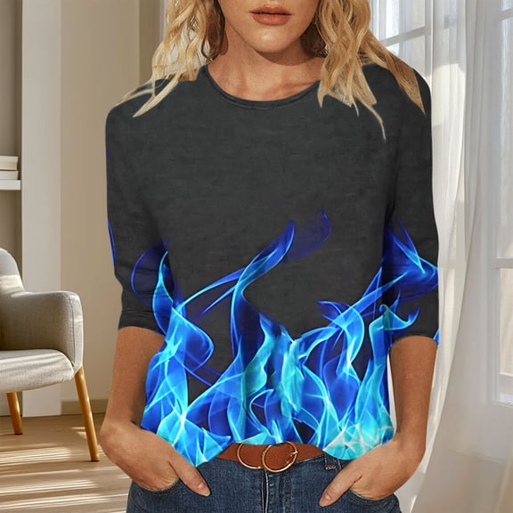 Elvqul 3/4 Sleeve Shirts for Women Crew Neck Print Blouses Oversized Daily Winter Girlfriends Tops