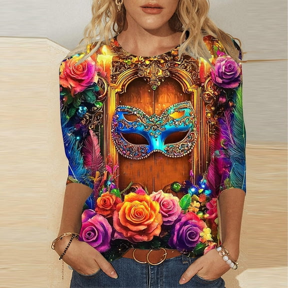 Elvqul 3/4 Sleeve Shirts for Women V-neck Tops Print Plus size Elastic Fashion Womens Blouse Carnival