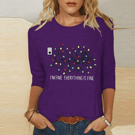 Elvqul 3/4 Sleeve Tops for Women Funny Shirts Graphic Purple Christmas Tree Plus Size Crew Neck Womens Tops