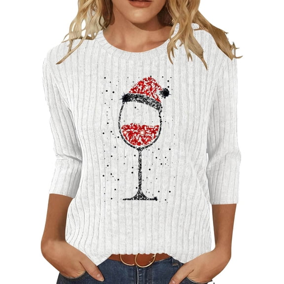 Elvqul 3/4 Sleeve Tops for Women Relaxed Fit Shirts Pullover Christmas Comfy Round Neck Womens Tops Graphic