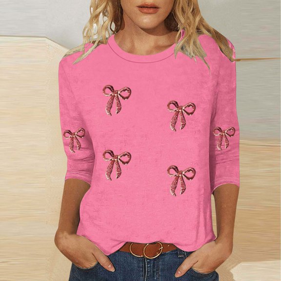 Elvqul 3/4 Sleeve Tops for Women Shirts Lightweight Crewneck Printed Christmas Pullover Comfortable Juniors Tops