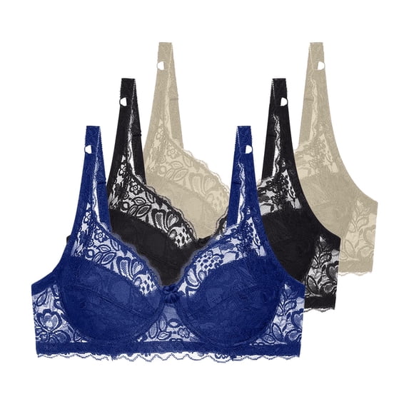 Elvqul 3 Pack Bras for Women,Womens Bra,Plus Size Underwire Push up Breathable Lightweight Lace Comfortable,Size 42C