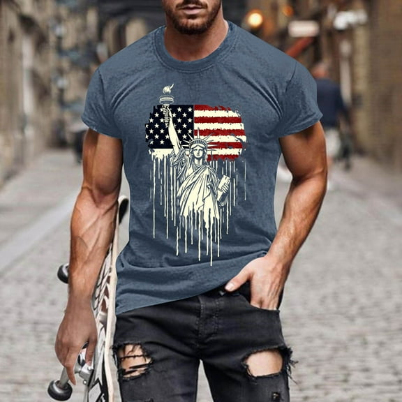 Elvqul 4th of July Shirts for Men American Flag Pullover Independence Star Round Neck Navy T-Shirts Trendy Casual Mens Shirts Short Sleeve