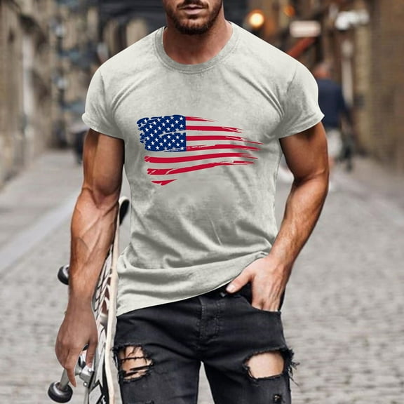 Elvqul 4th of July Shirts for Men Round Neck Eagle Pullover Gray Tee Shirts American Flag Short Sleeve Stylish Mens Shirts Independence