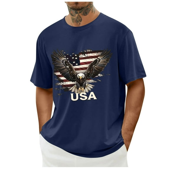 Elvqul 4th of July Shirts for Men Star Independence Day Pullover Blue American Flag T Shirts Short Sleeve Fashion Mens Shirts Round Neck