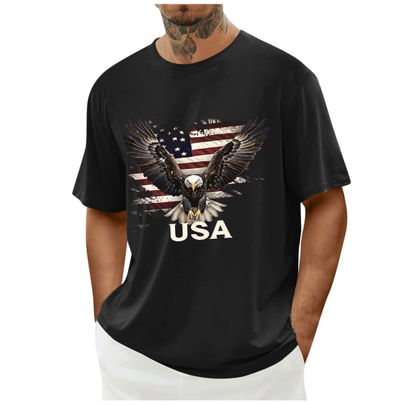 Elvqul American Flag Shirts for Men Independence Stylish Pullover Big and Tall Travel Short Sleeve Black Tee Shirts Fourth of July Crew Neck Mens Shirts Star