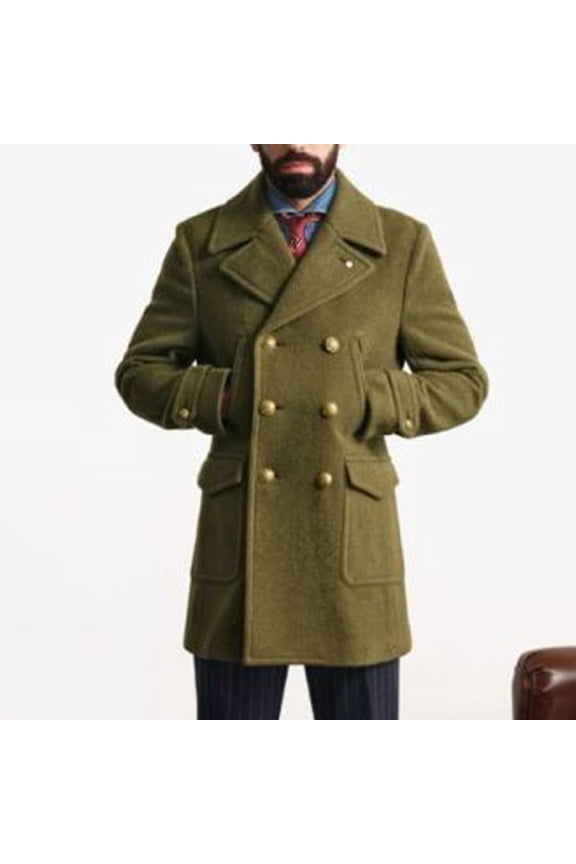 Army Green Jackets Men Button Peacoat Double Breasted Big Collared Jackets Fashion Solid Pockets Coat Winter Long Sleeve Shirts
