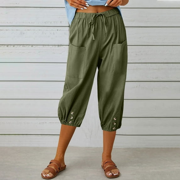 Elvqul Army Green Womens Capris Plus Size Pants for Women Plus Size Comfortable Crop Pockets Pants