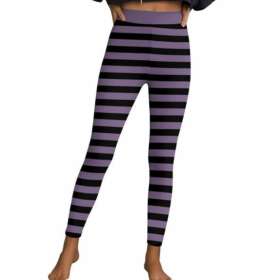 Elvqul Athletic Leggings Pants for Women High Waist Workout Pants Purple Striped Casual Stretch Womens Leggings