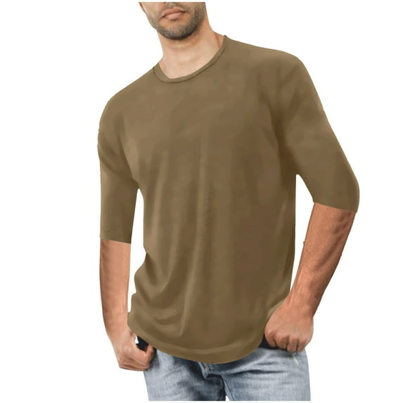 Elvqul Basic T-Shirt for Men Elbow Sleeve Pullover Mens Shirts Plus Size Solid Crewneck Athletic Tee Khaki